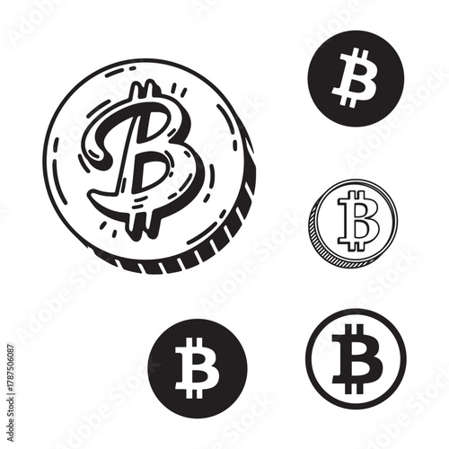 Bitcoin hand-drawn symbol collection in black and white sketch style