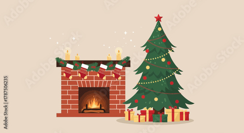 Festive holiday scene featuring a decorated Christmas tree and a cozy fireplace scene