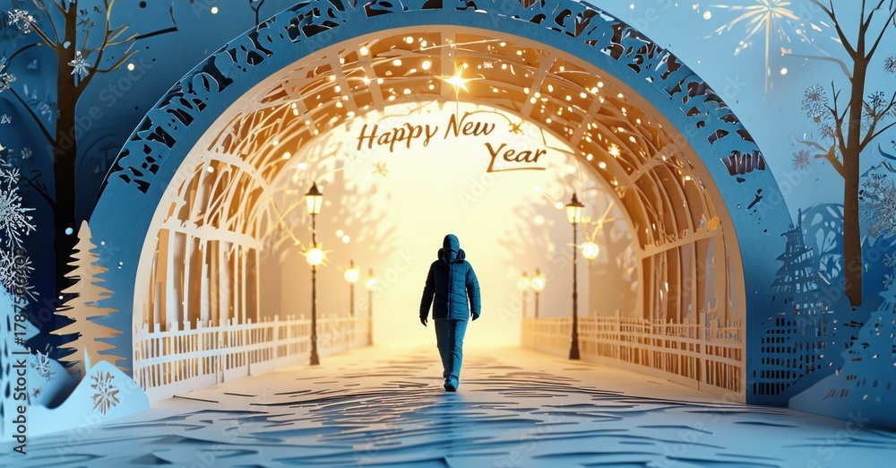 Fototapeta premium Papercraft scene depicts person walking toward bright Happy New Year archway. Winter wonderland, festive mood, illuminated path.