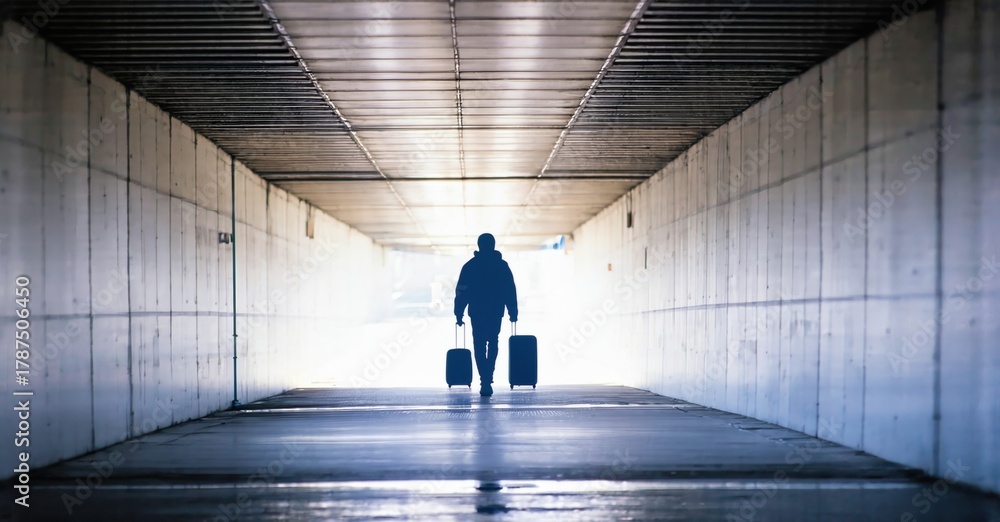 Fototapeta premium Silhouette walks tunnel, carrying luggage. Bright light source creates dramatic perspective, emphasizing solitude, travel.