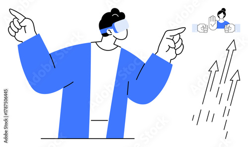 Man wearing VR headset, hands extended in interactive gestures. Growth arrows, handshake, and stop hand icons. Ideal for innovation, technology, gaming, future trends learning progress connection