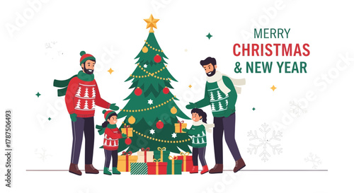 Happy family celebrating christmas and new year with decorated tree and gifts creating a festive