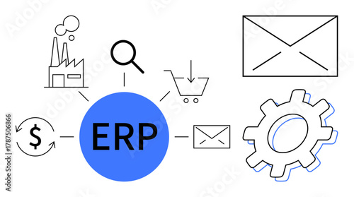 Central ERP icon connected to a factory, gear, envelope, magnifying glass, and shopping cart. Ideal for management, business, workflow, technology process optimization strategy simple flat