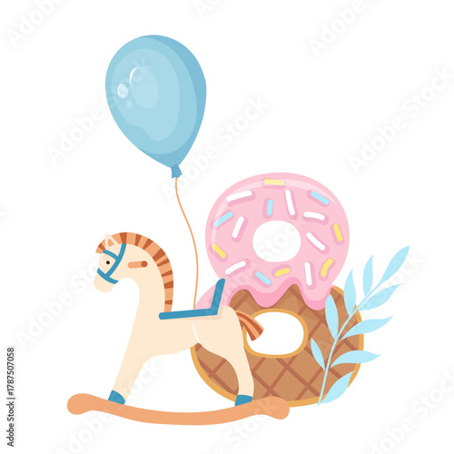 Cute baby milestone card featuring number, balloons and baby toys celebrating eighth month. Tender design for newborn to capture every special moment. Vector illustration for celebration banner, album