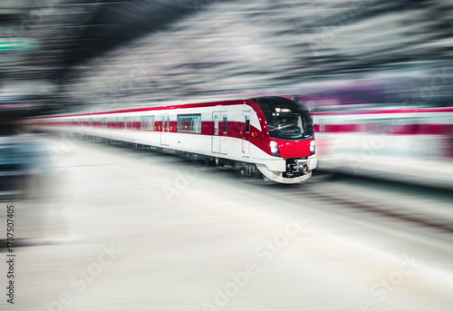 The electric train with motion blur Forward on rail tracks in the station with blank passenger. Speed train concept.