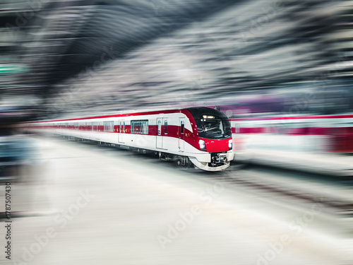 The electric train with motion blur Forward on rail tracks in the station with blank passenger. Speed train concept.