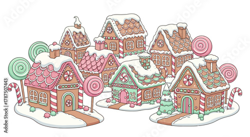 A whimsical illustration showcasing a collection of colorful gingerbread houses with candy decorations and snow.
