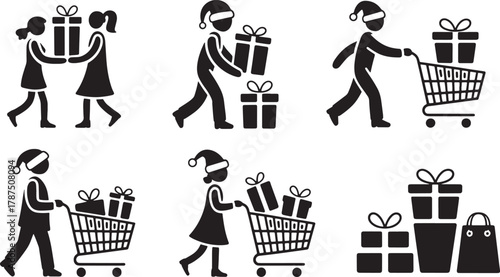 Christmas shopping silhouettes with presents and shopping cart design collection
