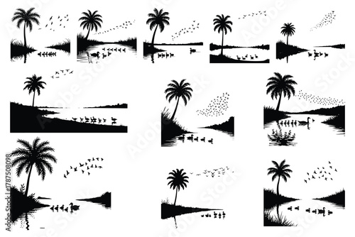 Black silhouettes of palm trees ducks and birds on water