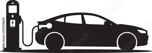 Electric Vehicle Charging at Station Front View Silhouette on Transparent Background