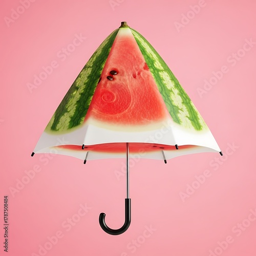 Stay refreshed and cool with a vibrant watermelon umbrella, offering unique summer fun and playful protection from the sun on a delightful pink backdrop