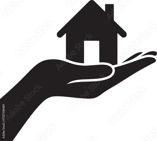 Hand holding house silhouette concept design as symbol for real estate business