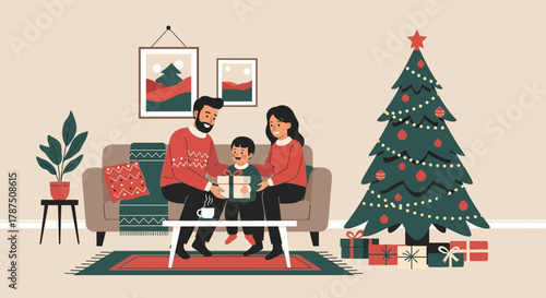 Happy family exchanging gifts near Christmas tree in cozy living room illustration