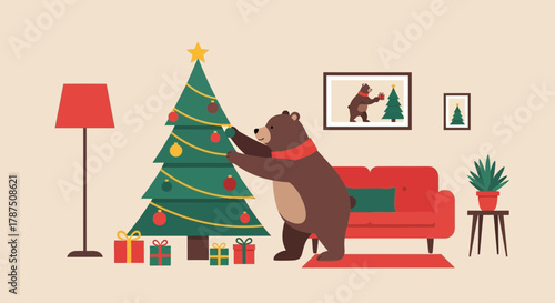 Illustration of a bear decorating a Christmas tree in a cozy living room setting showing festive