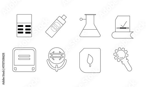 Creative Office and Science Line Icons Set — Calculator, Laboratory Flask, Document, Technology, and Eco Gear Symbols