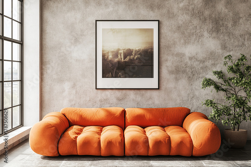Orange sofa brightens living room interior design. Trendy home features stylish furniture, emphasizing modern and minimalist sofa, promoting living space comfort. Sofa creates cozy space.