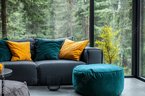 Modern sofa in living room, offering forest view. Interior design showcases nature inspired elements with green and yellow pillows, promoting relaxation. Sofa blends indoor and outdoor.