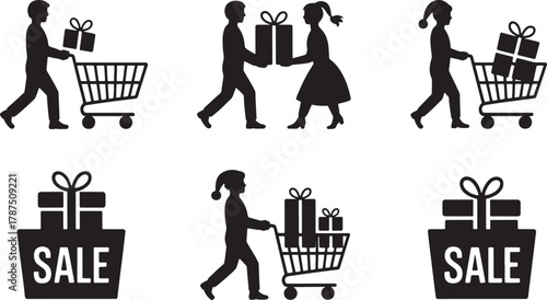 Shoppers buying gifts silhouette illustration shopping cart sale present market offers