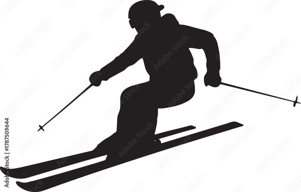 Fototapeta premium Silhouette of Skier Skiing Downhill with Poles during Winter Season