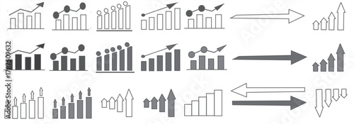 Business growth and decline chart icons set — abstract arrow, bar graph, and analytics symbols representing statistics, success, failure, and performance trends for data infographic design