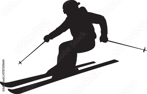 Silhouette of Skier Skiing Downhill with Poles during Winter Season