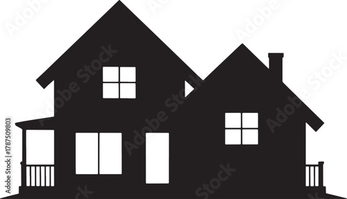 Simple Silhouette of Suburban House With Porch and Chimney for Family Life