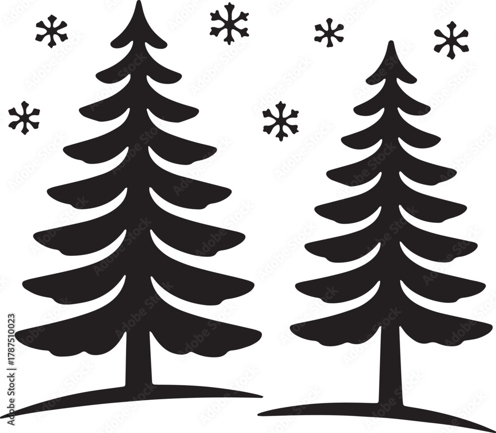 Obraz premium Two christmas trees and snowflakes vector illustration on transparent background