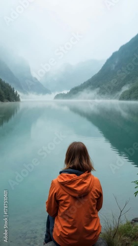 A serene scene of a woman sitting by a calm misty lake, surrounded by lush green mountains