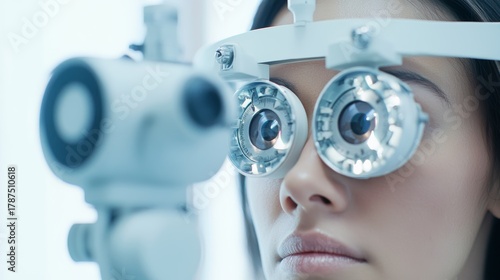 Side view of advanced eye examination equipment with a patient undergoing vision testing, showcasing the high tech nature of contemporary optometry