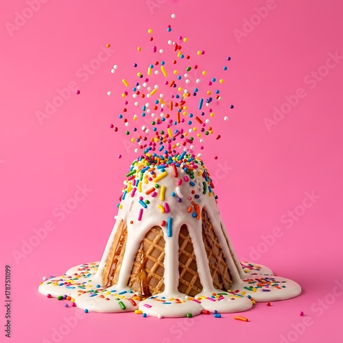 Sweet waffle cone cake drizzled in white icing and topped with vibrant sprinkles against a pink backdrop for a fun treat, perfect for celebrations