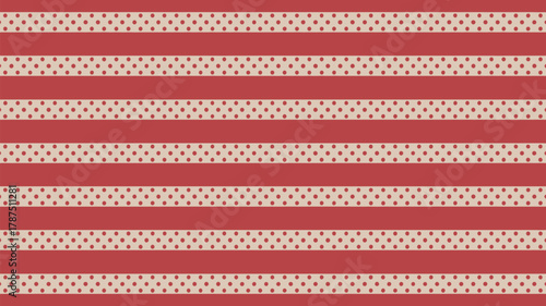 A pattern of red stripes alternating with beige stripes covered in small red polka dots evenly placed
