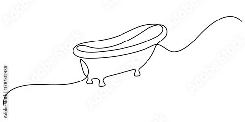 Continuous one line drawing of bathtub illustration. Continuous single line drawing of baby bath icon. Bathtub in one continuous line art drawing style. Vector illustration