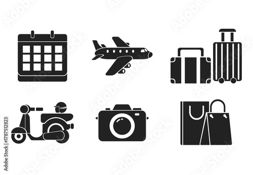 Bundle isolated illustration silhouette cute cartoon camera, air plane, suitcase, scooter,  calendar, and shopping bag, for travel graphic element