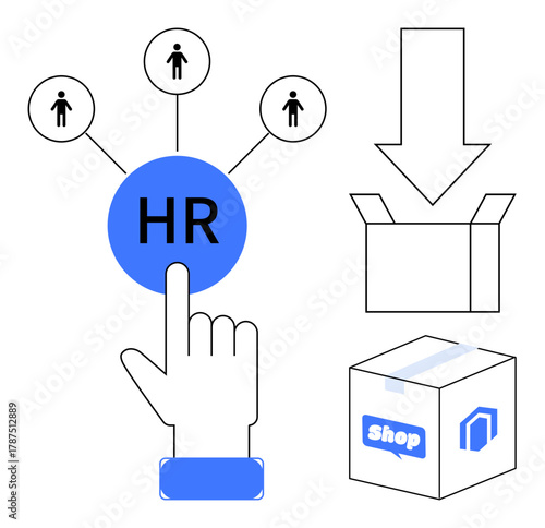 Central HR element linked to people, hand selecting option, icons of box and shop. Ideal for recruitment, resource allocation, e-commerce, logistics, employee training, retail hiring processes in
