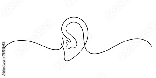 Human ear continuous one line drawing. Minimalist single line art ear icon graphic illustration