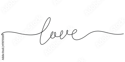 Continuous one line drawing of love typography lettering script font typographic drawing. Minimalism concept of romantic card, banner, and poster sign vector illustration