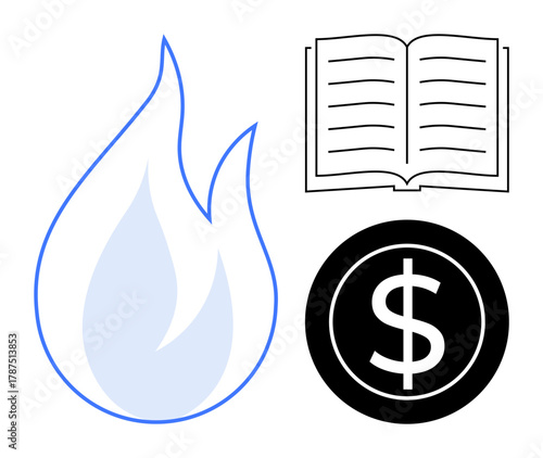 Blue flame, open book, and dollar sign convey energy, learning, and money. Ideal for finance, education, energy sustainability innovation investment and economics. Clean simple flat metaphor