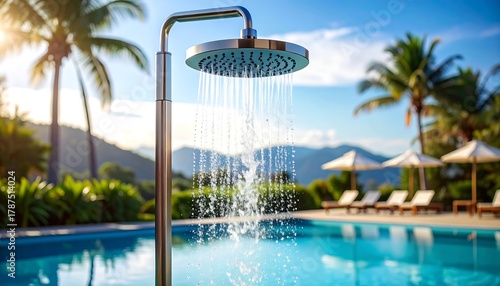 Invigorating Outdoor Shower Experience by the Poolside in Tropical Paradise.
