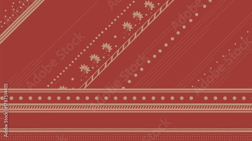 A red and tan patterned textile featuring diagonal stripes, floral motifs, and horizontal borders design