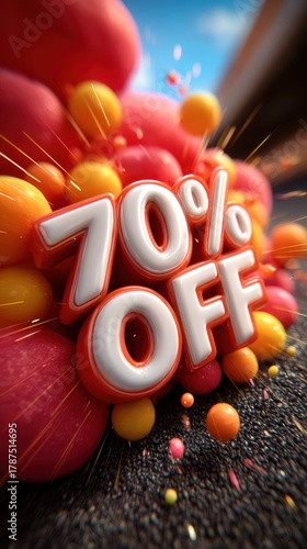 A bright and colorful animated advertisement for a limited time 70% discount, with large exaggerated text 