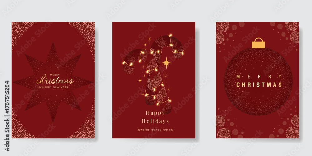 Naklejka premium Red Christmas Luxury gold invitation card design vector. Christmas tree ,deer with gold foil and spot texture on red background. Design illustration for cover, print, poster, ads.