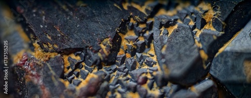 Macro photo of cuprite and silver crystals from Altai deposit- red copper ore with metallic luster under 10X magnification. Professional micro mineral photography
