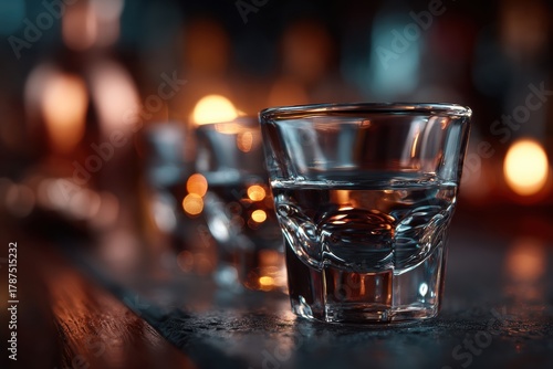Dynamic photo of 4 blue alcoholic drinks in a clear glass, motion blur and flash effect, vibrant nightlife aesthetic
