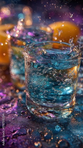 Dynamic photo of 4 blue alcoholic drinks in a clear glass, motion blur and flash effect, vibrant nightlife aesthetic