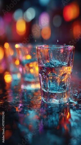 Dynamic photo of 4 blue alcoholic drinks in a clear glass, motion blur and flash effect, vibrant nightlife aesthetic