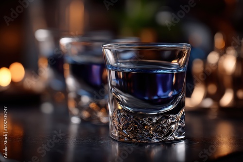 Dynamic photo of 4 blue alcoholic drinks in a clear glass, motion blur and flash effect, vibrant nightlife aesthetic