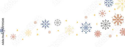 Abstract snowflakes border isolated on white background. Festive Christmas banner with snowflakes, stars, and dots. Winter decorative background for greeting cards and design.