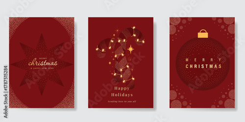 Red Christmas Luxury gold  invitation card design vector. Christmas tree ,deer with gold foil and spot texture on red background. Design illustration for cover, print, poster, ads.