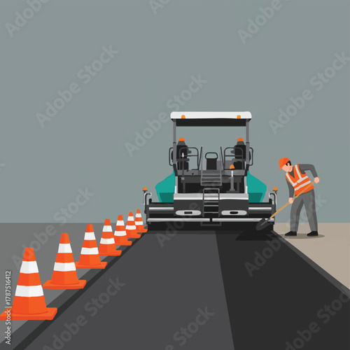 A dedicated construction worker meticulously smooths freshly laid asphalt behind a modern road paver, efficiently creating new infrastructure, with safety cones marking the work zone.