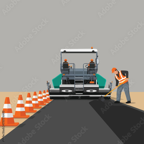 A diligent construction worker carefully smooths newly laid asphalt next to a large paver, with safety cones marking the active road repair site.